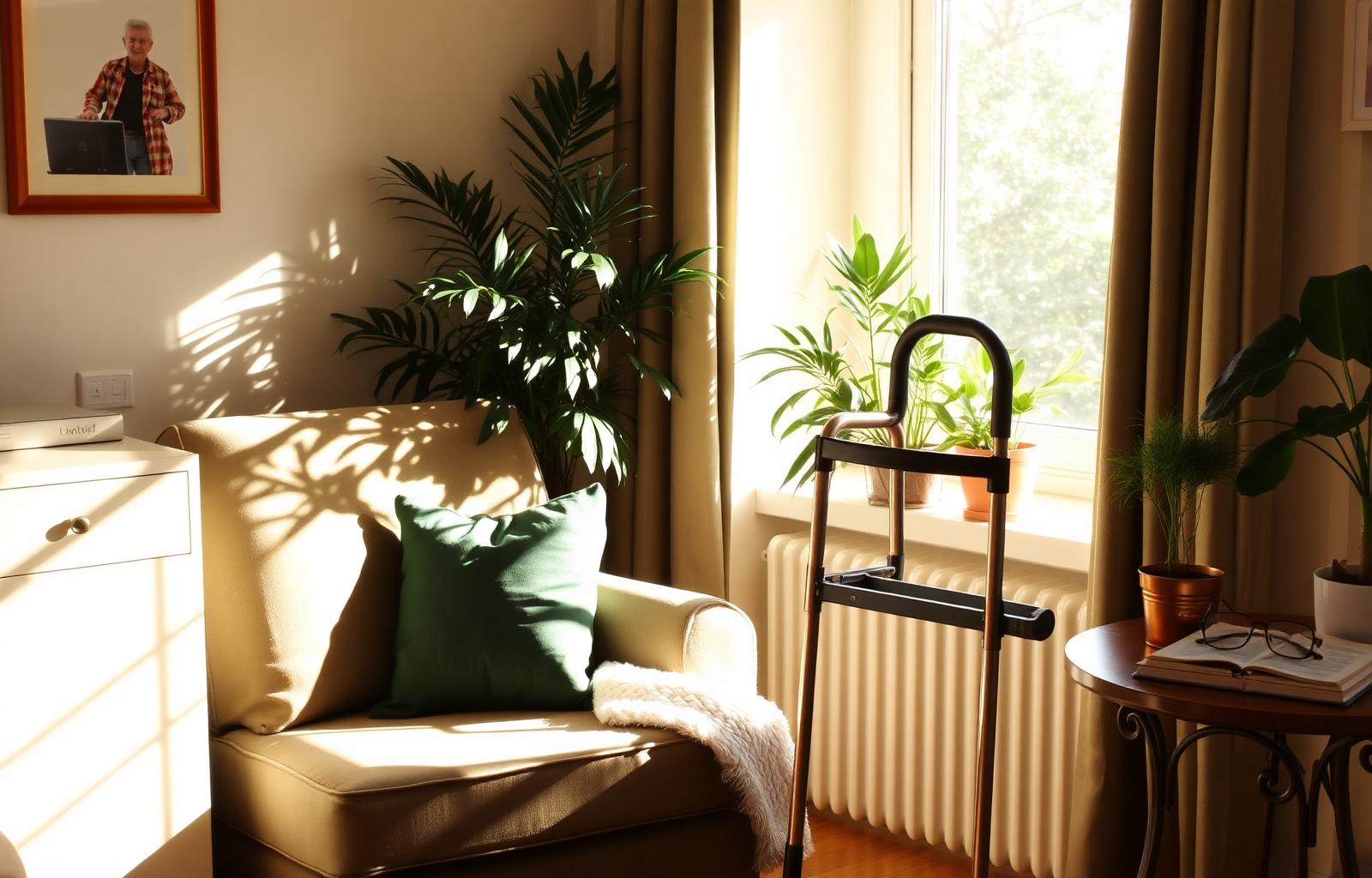 Sunlit Bribie Island living room with a walking frame