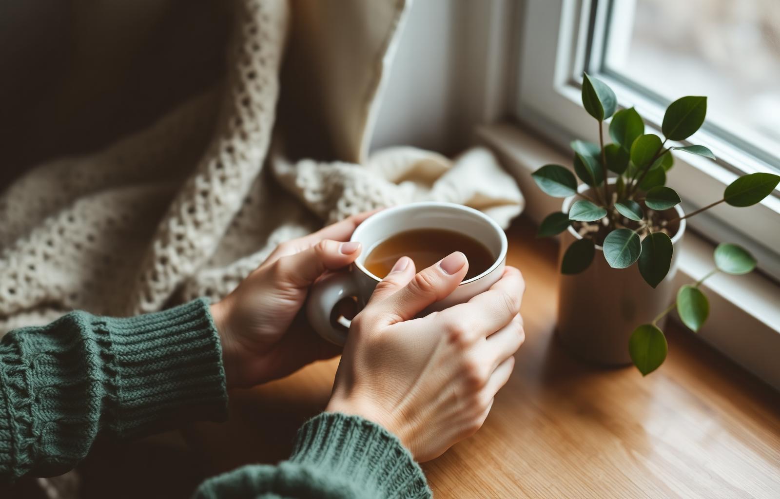 Warm hands holding tea by a sunlit window