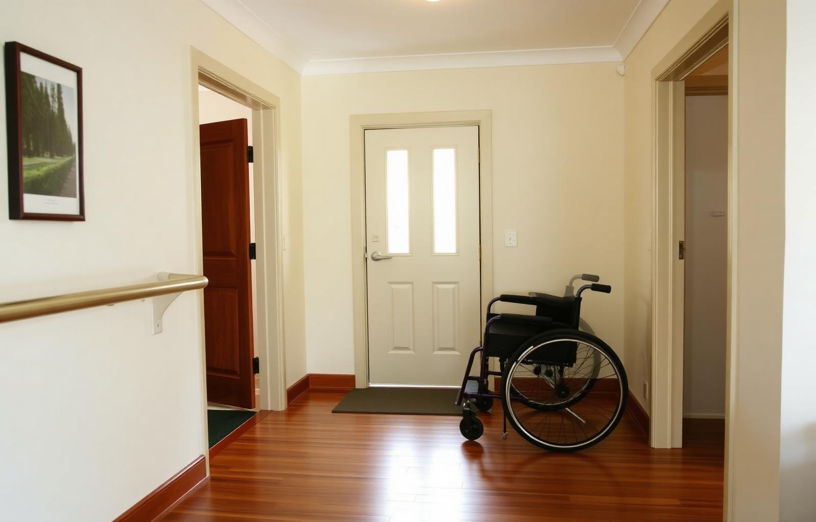 Accessible Bribie Island hallway with grab rail and wheelchair