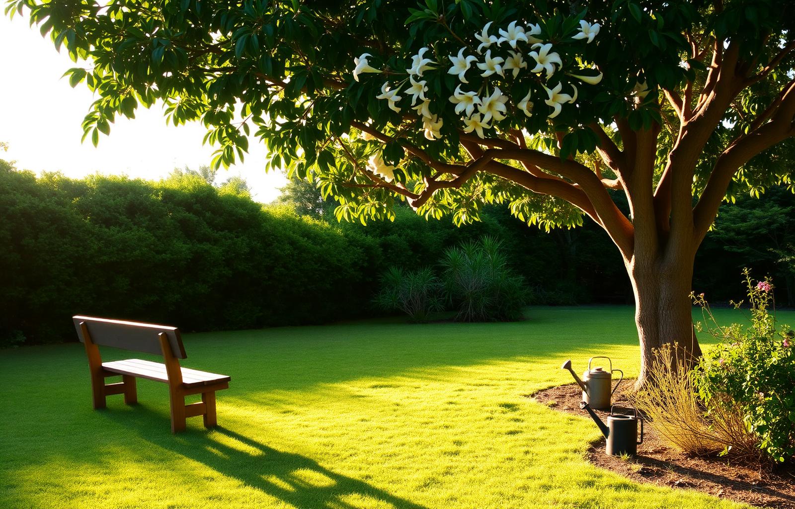 Quiet Bribie garden bench under a flowering tree