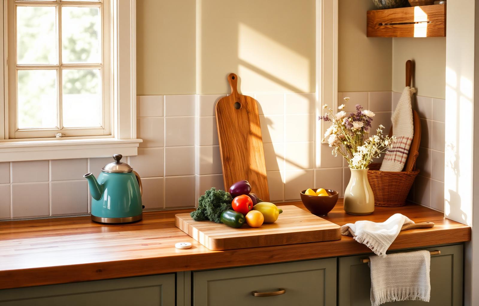 Warm Bribie Island kitchen bench with kettle and fresh produce