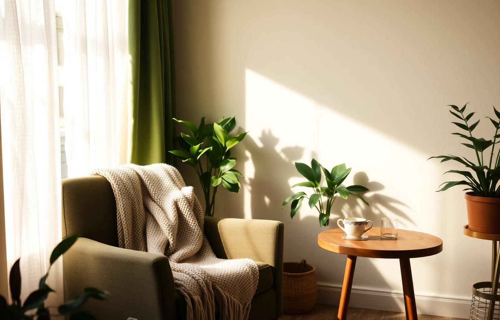 Sunlit reading nook with a knitted throw and tea