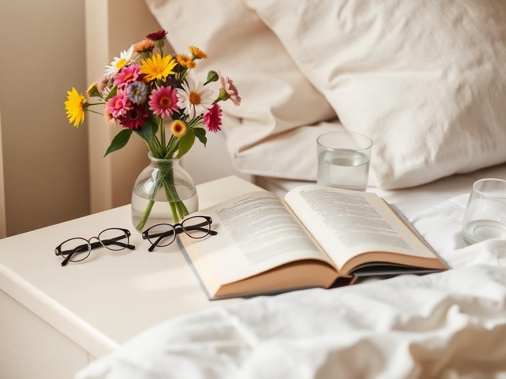 Sunlit bedside table with reading glasses and fresh wildflowers