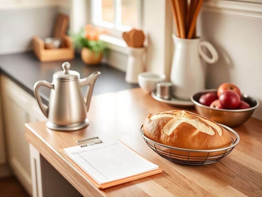 Warm kitchen bench with a kettle, fresh bread and shopping list