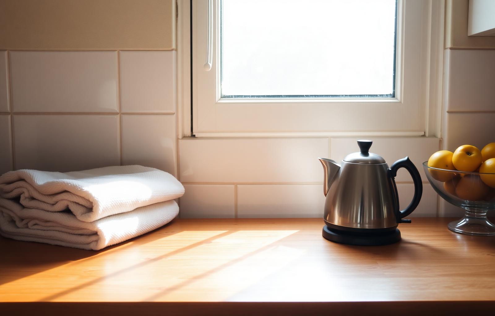 Warm kitchen bench with fresh produce and a kettle, ready for everyday home support